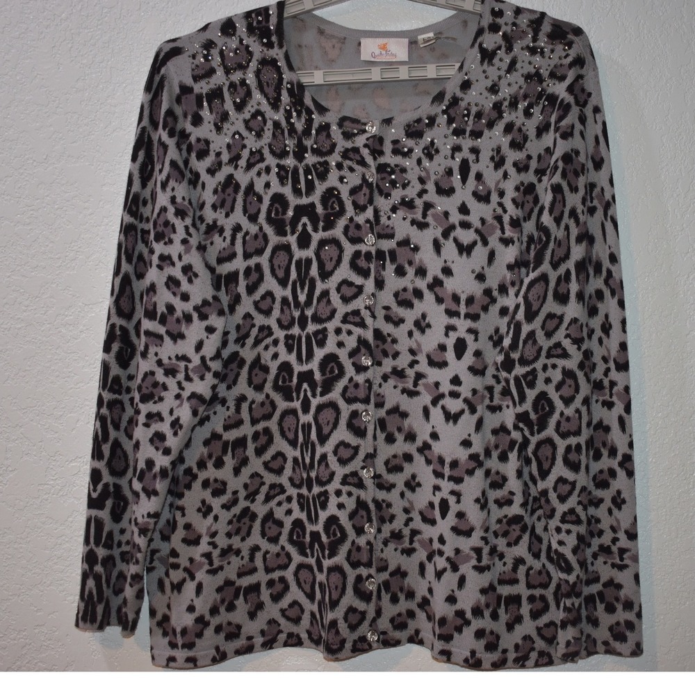 Quacker Factory Grey Leopard Print Rhinestone Embellished Cardigan Sweater 1X